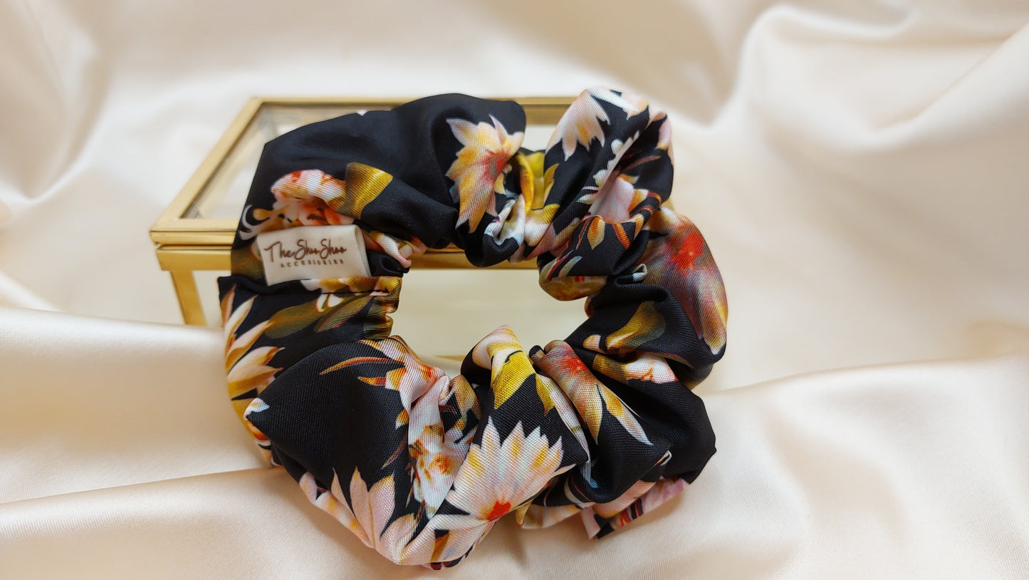 Fire Flowers in Black ShooShoo Satin Scrunchie - Handgjord
