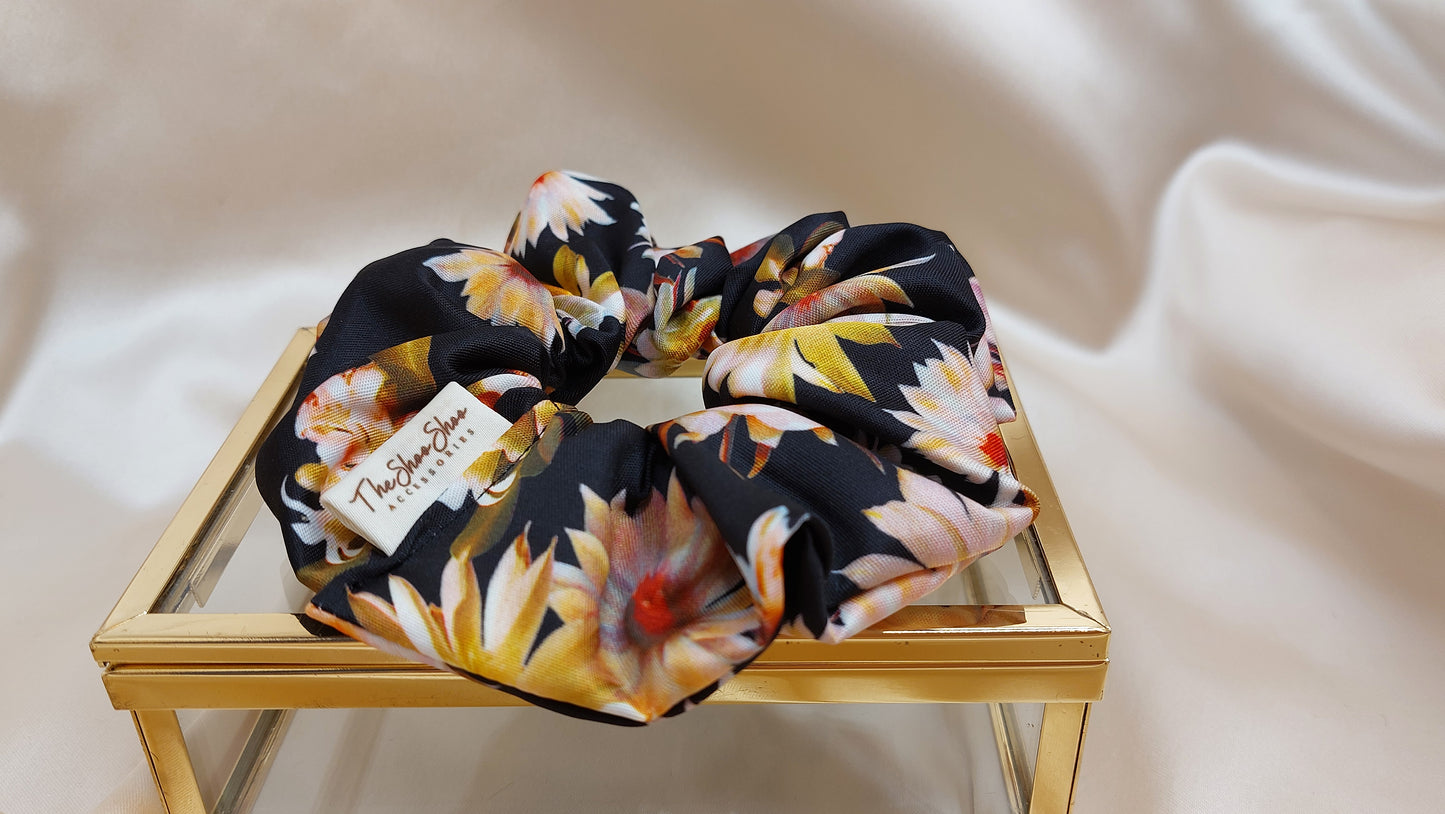 Fire Flowers in Black ShooShoo Satin Scrunchie - Handgjord