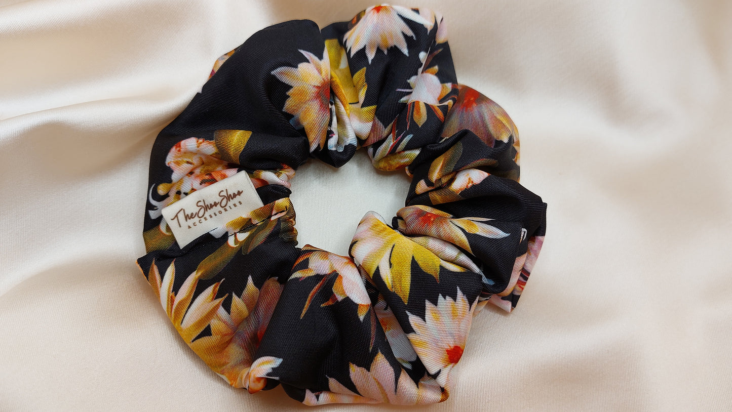 Fire Flowers in Black ShooShoo Satin Scrunchie - Handgjord