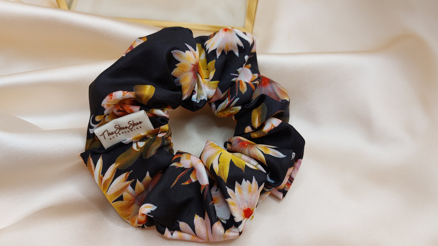 Fire Flowers in Black ShooShoo Satin Scrunchie - Handgjord