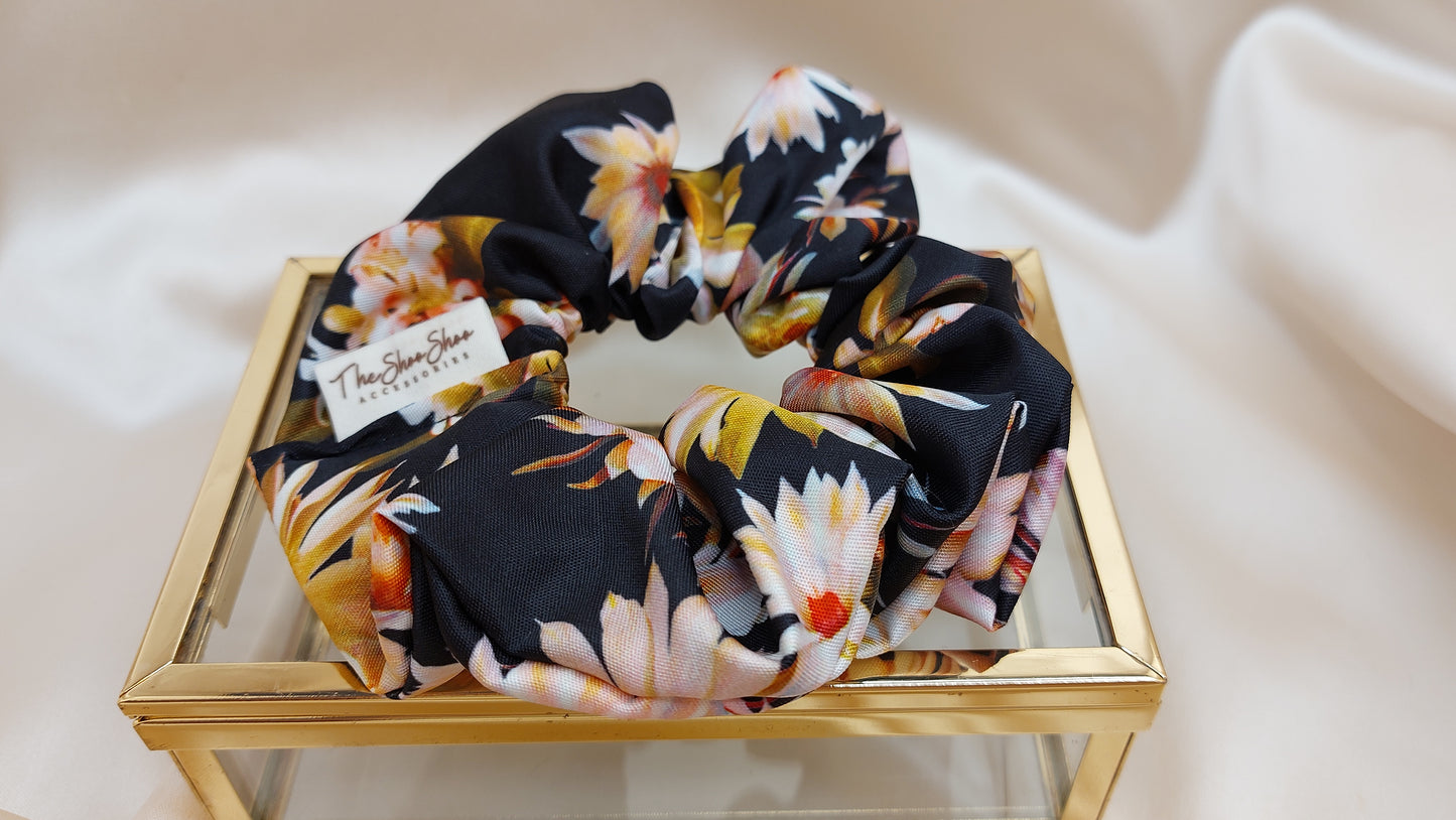 Fire Flowers in Black ShooShoo Satin Scrunchie - Handgjord