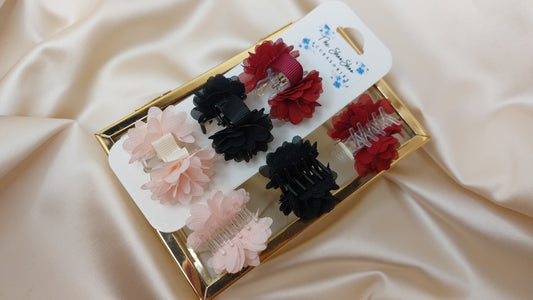 Hårklo Mini med Blomma 3cm Röd-Svart-Rosa 3-pk