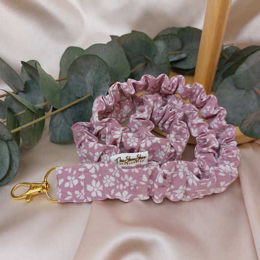 Scrunchie Nyckelband Mauve rosa Daisy elastisk med nyckelkrok