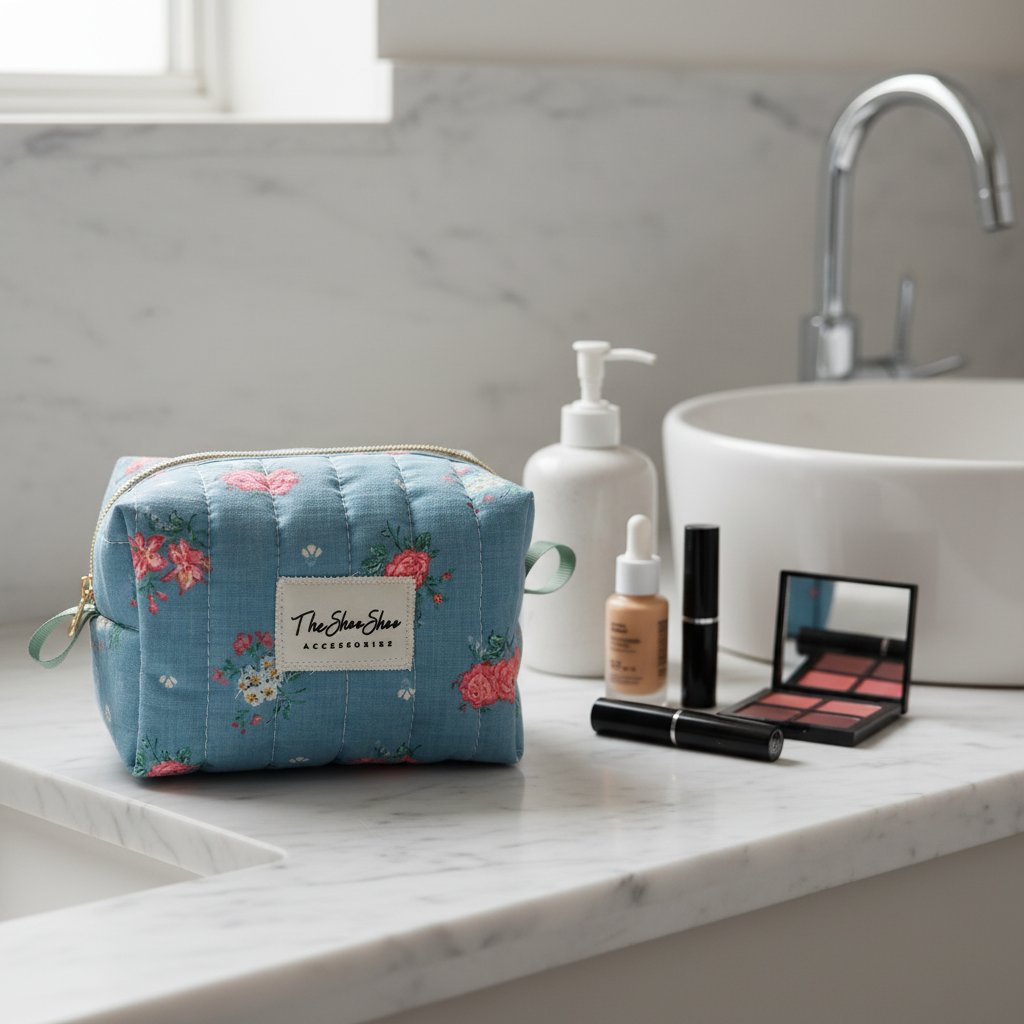 Handquiltad Mini Beauty Bag – Roses on Blue | TheShooShoo